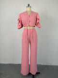 V Neck Flare Sleeve Tie Up Tops Loose Two Piece Pants Set GCNE-6851