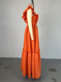 Solid Color Ruflles Short Sleeve Maxi Dress GCNE-7449