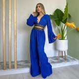 Press Pleat V-neck Flare Sleeve Shirt Wide Leg Pants Suit GCNE-6780
