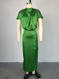 Stacked Neck Short Sleeve High Waist Maxi Dress GCNE-7017