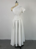 Slash Neck Short Sleeve Solid Midi Dress GCNE-7064