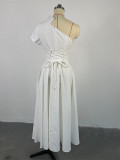 Slash Neck Short Sleeve Solid Midi Dress GCNE-7064