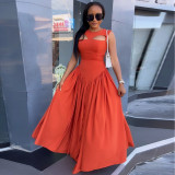 Solid Color Hollow Out Sleeveless Midi Dress GCNE-7217