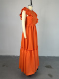 Solid Color Ruflles Short Sleeve Maxi Dress GCNE-7449