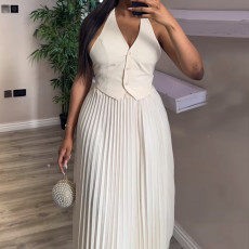 Solid Color Halter Vest And Long Skirt Two Piece Set GCNE-7555