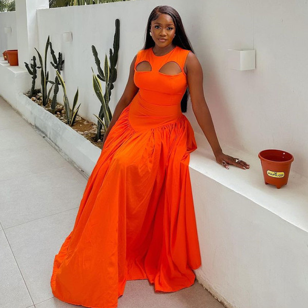 O Neck Hollow Out Sleeveless Maxi Dress GCNE-7224