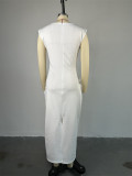 Short Sleeve Solid Color Drawstring Raw Edge Long Dress GCNE-7282