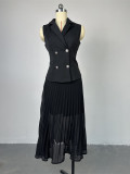 Suit Collar Vest Top Pleated Half Body Skirt Set GCNE-7349