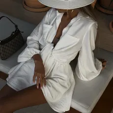 Solid Color Bubble Sleeve Shirt Short Suit GCNE-6095