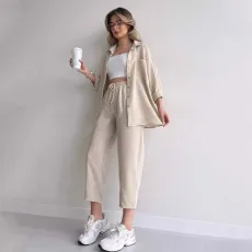 Solid Color Loose Shirt Two Piece Pants Set GCNE-5065