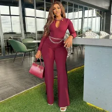 Hollow Out Long Sleeve Solid Jumpsuit GCNE-7052