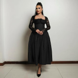 Square Neck Lace Long Sleeve Maxi Dress GCNE-7447