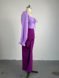 Square Neck Flare Sleeve Split Long Skirts Suit GCNE-7047
