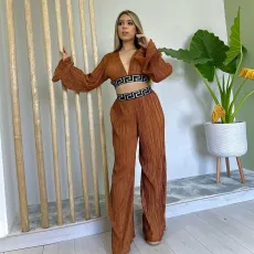 Press Pleat V-neck Flare Sleeve Shirt Wide Leg Pants Suit GCNE-6780