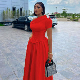 Slash Neck Short Sleeve Solid Midi Dress GCNE-7064