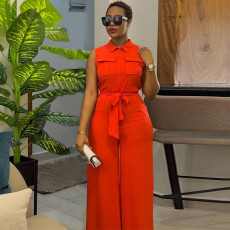 Lapel Loose Sleeveless Solid Color Jumpsuit GCNE-7041