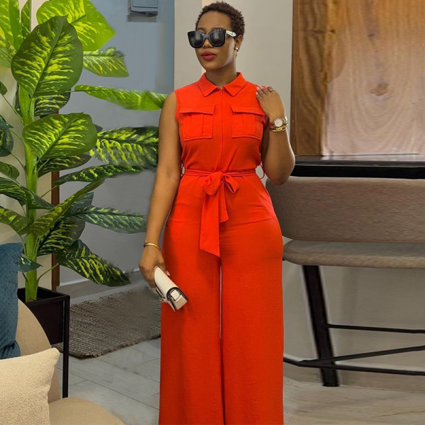 Lapel Loose Sleeveless Solid Color Jumpsuit GCNE-7041