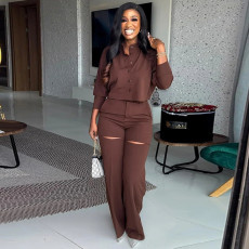 Solid Long Sleeve Shirt And Wide Leg Pants Suit GCNE-6952