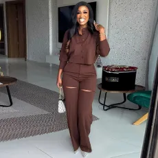 Solid Long Sleeve Shirt And Wide Leg Pants Suit GCNE-6952