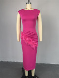 Short Sleeve Solid Color Drawstring Raw Edge Long Dress GCNE-7282