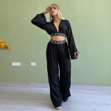 Press Pleat V-neck Flare Sleeve Shirt Wide Leg Pants Suit GCNE-6780