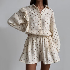 Ruffle Heart Print Shirt Wide Leg Shorts Set GCNE-6071