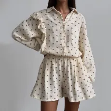 Ruffle Heart Print Shirt Wide Leg Shorts Set GCNE-6071