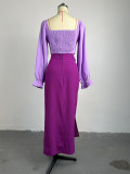 Square Neck Flare Sleeve Split Long Skirts Suit GCNE-7047
