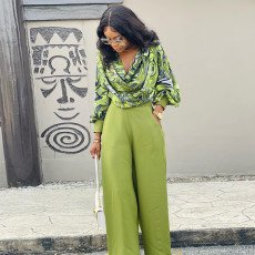 Lantern Sleeve Shirt Wide Leg Western Pants Printed Set GCNE-6605