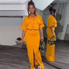 Solid Color Short Shirt Two Piece Skirt Set GCNE-7538
