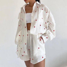 Ruffle Heart Print Shirt Wide Leg Shorts Set GCNE-6071