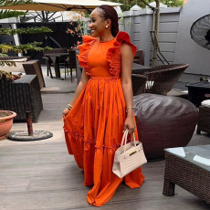 Solid Color Ruflles Short Sleeve Maxi Dress GCNE-7449