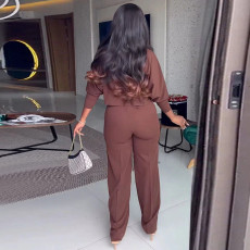 Solid Long Sleeve Shirt And Wide Leg Pants Suit GCNE-6952