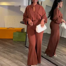 Solid Color Long Sleeve Wide Leg Pants Suit GCNE-6993