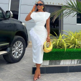 Short Sleeve Solid Color Drawstring Raw Edge Long Dress GCNE-7282