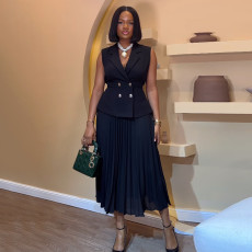 Suit Collar Vest Top Pleated Half Body Skirt Set GCNE-7349
