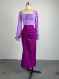 Square Neck Flare Sleeve Split Long Skirts Suit GCNE-7047