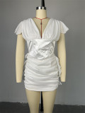 V Neck Short Sleeve Patchwork Pleated Mini Dress GCNE-7428