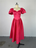 Square Neck Bubble Sleeve Solid Midi Dress GCNE-7124