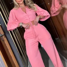 V Neck Flare Sleeve Tie Up Tops Loose Two Piece Pants Set GCNE-6851