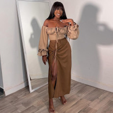 Square Neck Flare Sleeve Split Long Skirts Suit GCNE-7047
