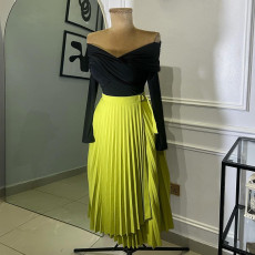 Tie Up Irregular Pleated Long Skirt GCNE-7517