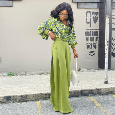 Lantern Sleeve Shirt Wide Leg Western Pants Printed Set GCNE-6605