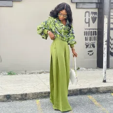 Lantern Sleeve Shirt Wide Leg Western Pants Printed Set GCNE-6605