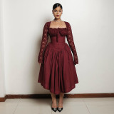 Square Neck Lace Long Sleeve Maxi Dress GCNE-7447