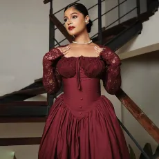 Square Neck Lace Long Sleeve Maxi Dress GCNE-7447