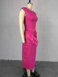 Short Sleeve Solid Color Drawstring Raw Edge Long Dress GCNE-7282