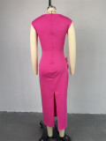 Short Sleeve Solid Color Drawstring Raw Edge Long Dress GCNE-7282