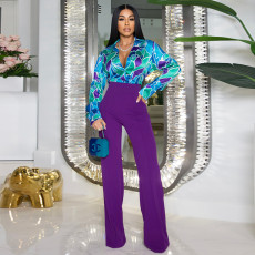 Long Sleeve Print Shirt Wide Leg Pants Suit GCNE-7003