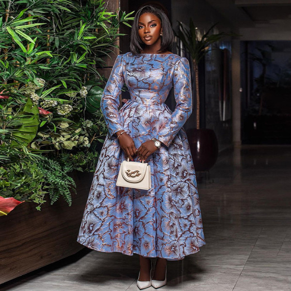 Long Sleeve Print O Neck Maxi Dress GCNE-7305